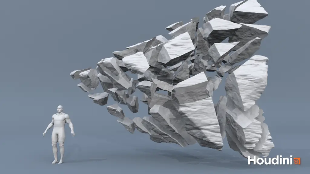 Houdini FX rigid body simulation: a rock breaking apart